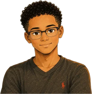 Portrait dessiné d'Israel Tientcheu : un jeune homme aux cheveux frisés et à lunettes, en t-shirt sombre